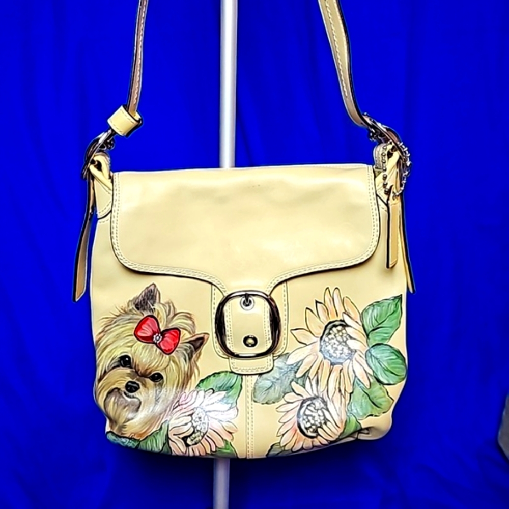 Vintage, Hand-painted Yorkie & Sunflower Authentic Coach F13355 Leather Handbag.